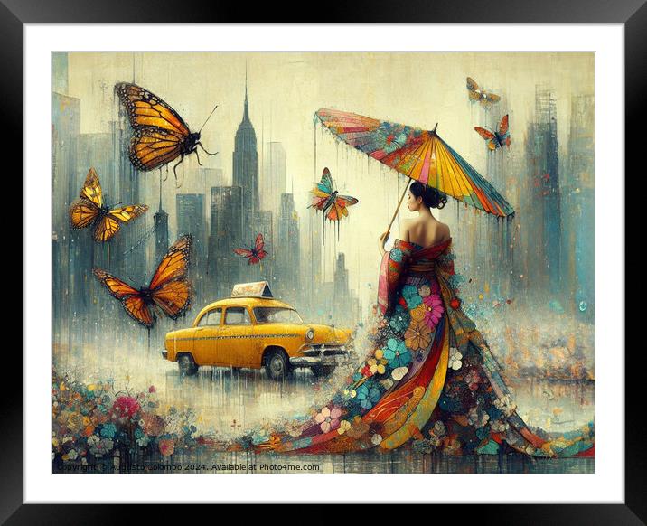 asian woman wear traditional dress walk rainy city skyline stop taxi cab year of the chinese dragon Framed Mounted Print by Augusto Colombo