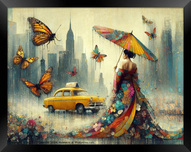 asian woman wear traditional dress walk rainy city skyline stop taxi cab year of the chinese dragon Framed Print by Augusto Colombo