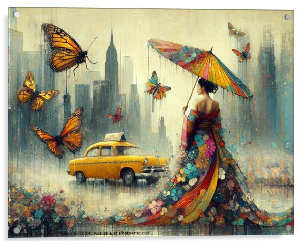 asian woman wear traditional dress walk rainy city skyline stop taxi cab year of the chinese dragon Acrylic by Augusto Colombo