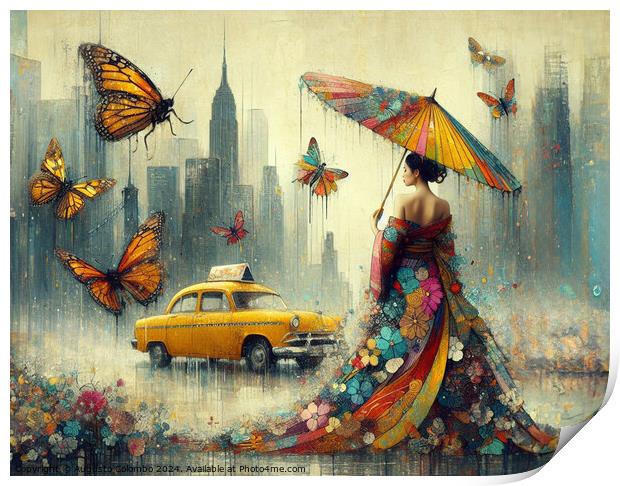 asian woman wear traditional dress walk rainy city skyline stop taxi cab year of the chinese dragon Print by Augusto Colombo