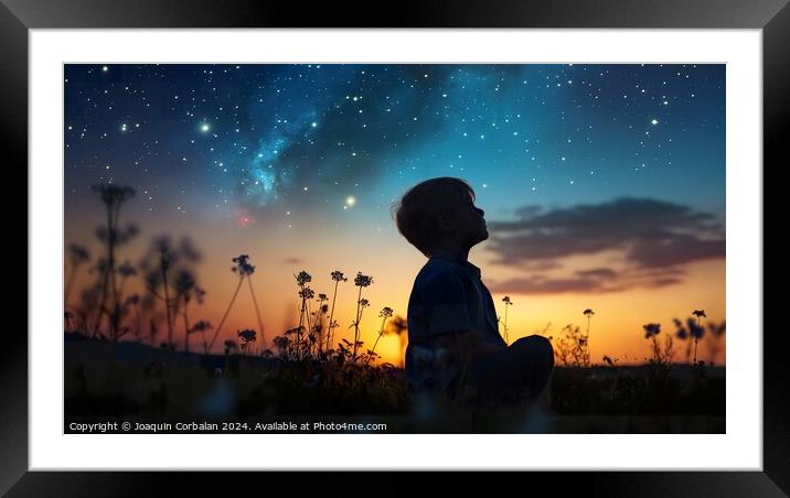 Child observes the stars and constellations in the Framed Mounted Print by Joaquin Corbalan