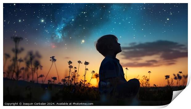 Child observes the stars and constellations in the Print by Joaquin Corbalan