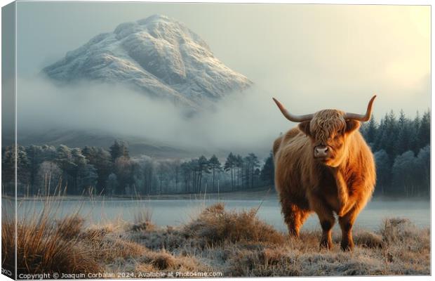 A powerful Highland cattle stands gracefully in a  Canvas Print by Joaquin Corbalan