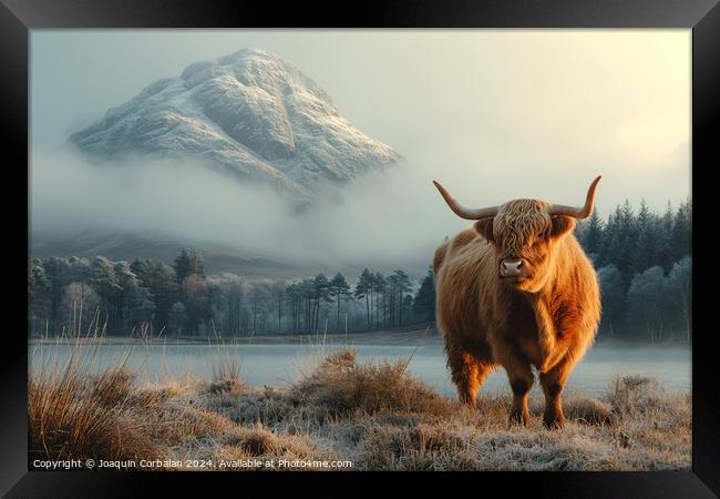 A powerful Highland cattle stands gracefully in a  Framed Print by Joaquin Corbalan