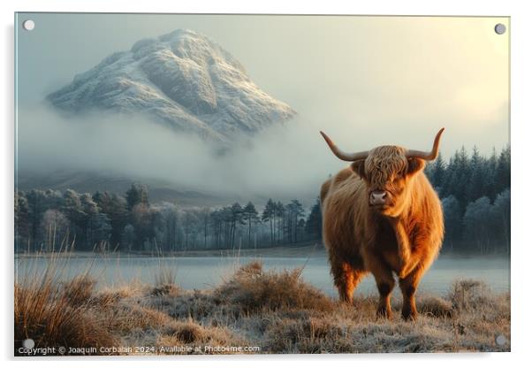 A powerful Highland cattle stands gracefully in a  Acrylic by Joaquin Corbalan