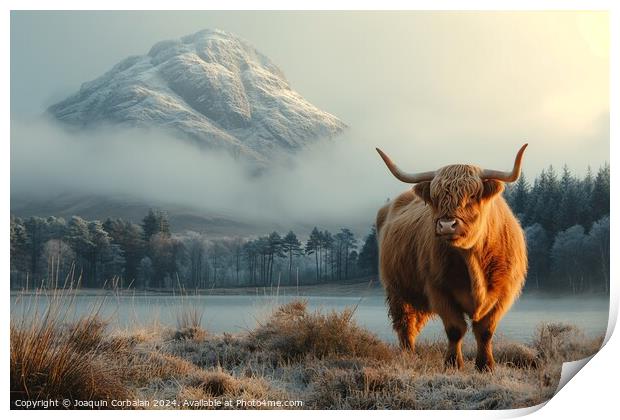 A powerful Highland cattle stands gracefully in a  Print by Joaquin Corbalan