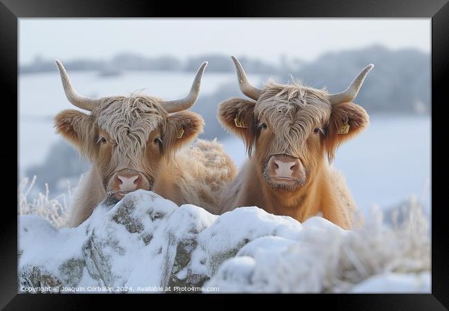 Two graceful Highland cattle stand side by side in Framed Print by Joaquin Corbalan
