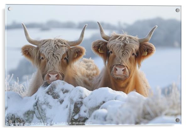 Two graceful Highland cattle stand side by side in Acrylic by Joaquin Corbalan