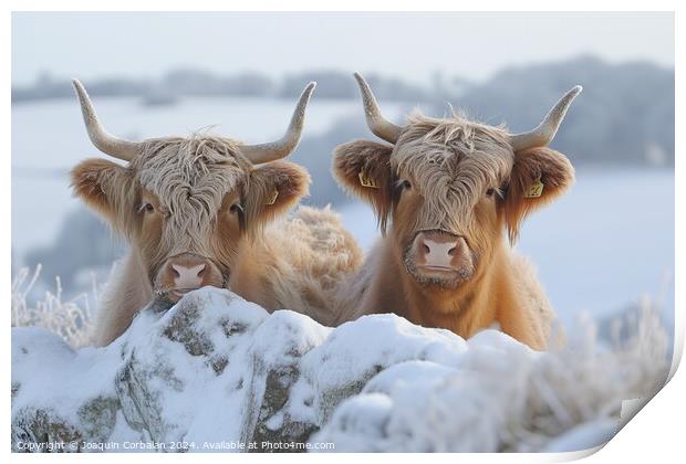 Two graceful Highland cattle stand side by side in Print by Joaquin Corbalan