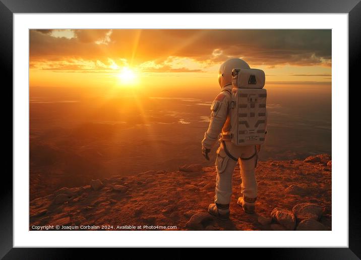 An intrepid astronaut stands triumphantly atop a m Framed Mounted Print by Joaquin Corbalan