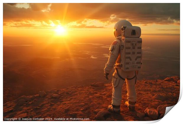 An intrepid astronaut stands triumphantly atop a m Print by Joaquin Corbalan