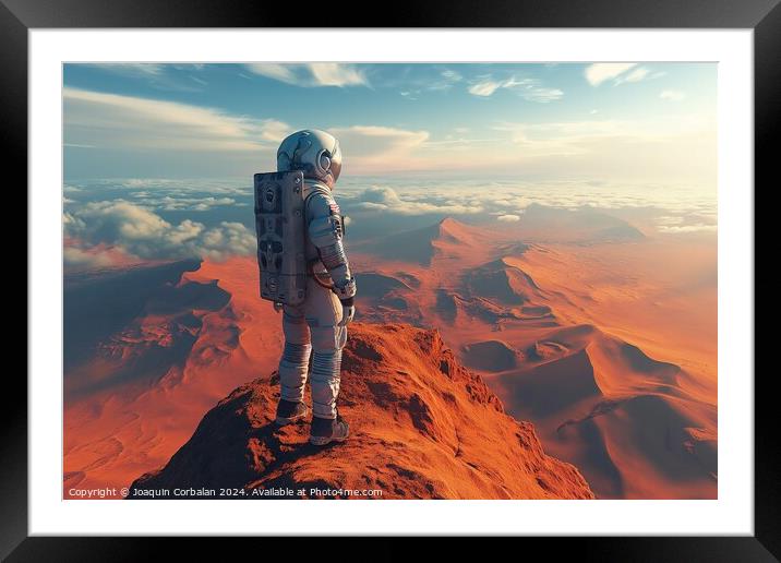 An astronaut stands triumphantly on the summit of  Framed Mounted Print by Joaquin Corbalan