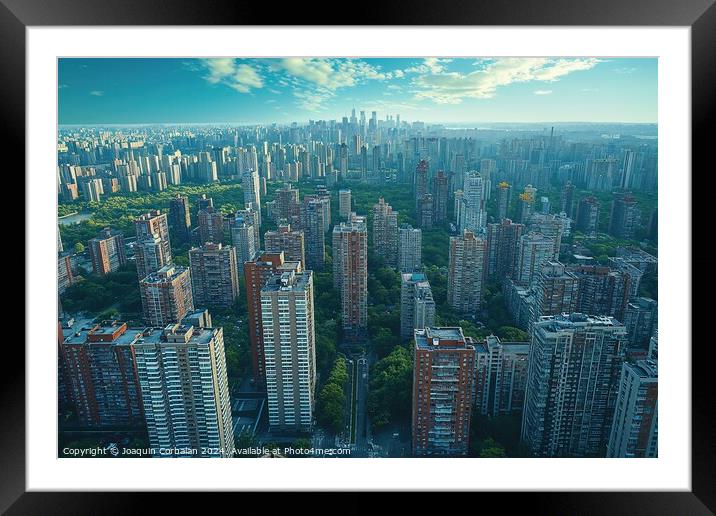 An awe-inspiring aerial view of a cityscape adorned by towering buildings, showcasing the majestic grandeur of urban architecture against the backdrop of the sky. Framed Mounted Print by Joaquin Corbalan