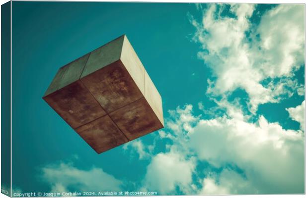 A surreal photograph capturing a square object seemingly defying gravity as it hovers effortlessly against a backdrop of boundless blue skies. Canvas Print by Joaquin Corbalan