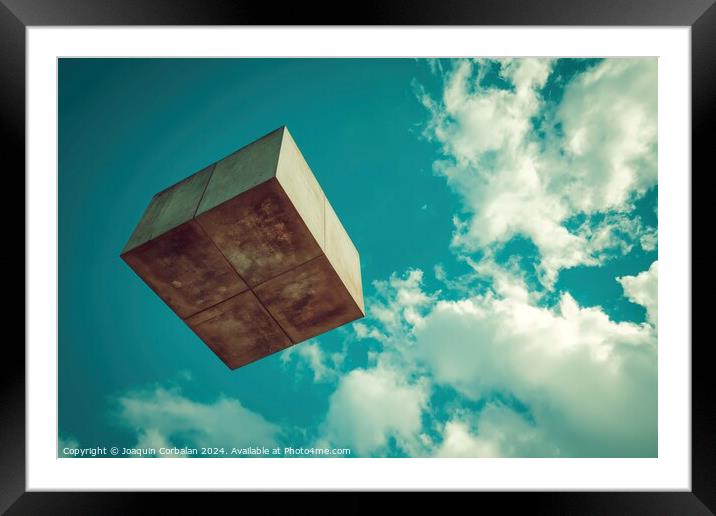 A surreal photograph capturing a square object seemingly defying gravity as it hovers effortlessly against a backdrop of boundless blue skies. Framed Mounted Print by Joaquin Corbalan