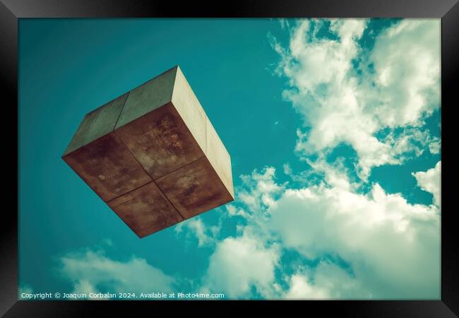 A surreal photograph capturing a square object seemingly defying gravity as it hovers effortlessly against a backdrop of boundless blue skies. Framed Print by Joaquin Corbalan