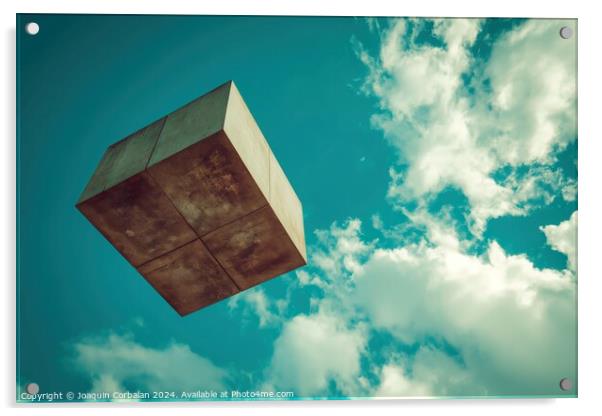 A surreal photograph capturing a square object seemingly defying gravity as it hovers effortlessly against a backdrop of boundless blue skies. Acrylic by Joaquin Corbalan