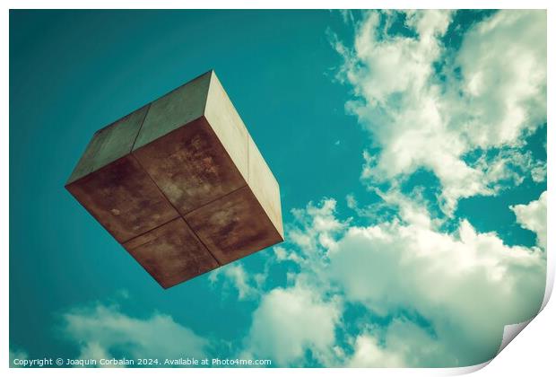 A surreal photograph capturing a square object seemingly defying gravity as it hovers effortlessly against a backdrop of boundless blue skies. Print by Joaquin Corbalan