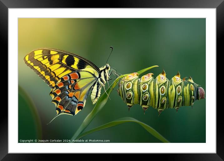 A colorful butterfly sitting on a vibrant green pl Framed Mounted Print by Joaquin Corbalan