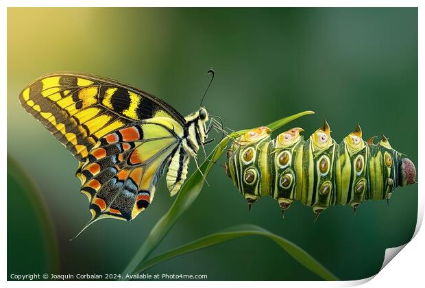A colorful butterfly sitting on a vibrant green pl Print by Joaquin Corbalan