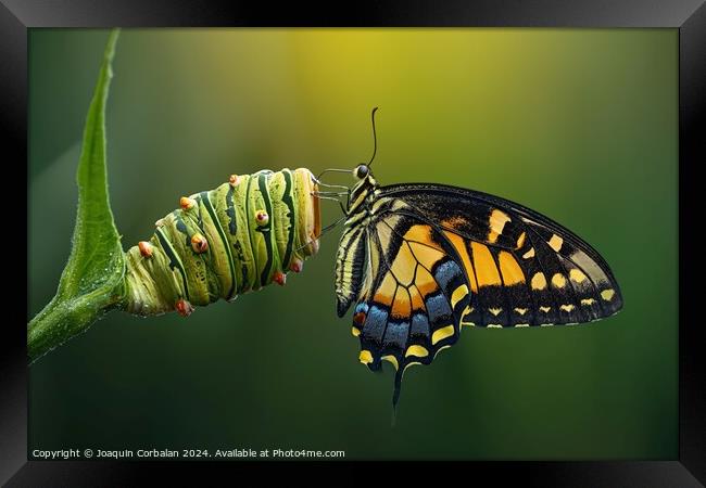 A colorful butterfly sitting on a vibrant green pl Framed Print by Joaquin Corbalan