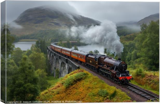 Jacobite Express, A train is seen traveling over a bridge on a cloudy day, with its engines and carriages visible, creating a dynamic scene. Canvas Print by Joaquin Corbalan