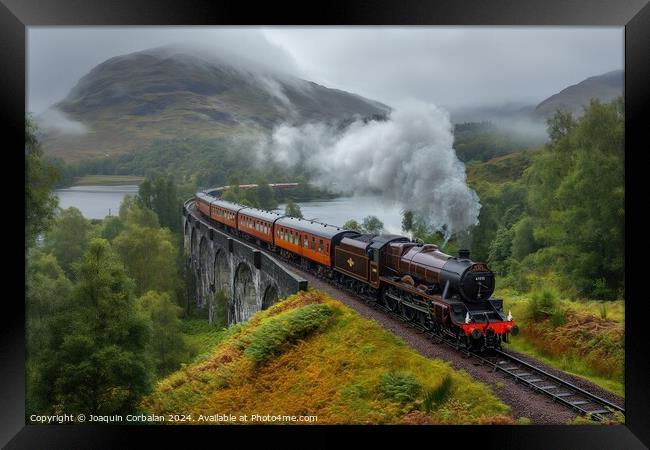Jacobite Express, A train is seen traveling over a bridge on a cloudy day, with its engines and carriages visible, creating a dynamic scene. Framed Print by Joaquin Corbalan