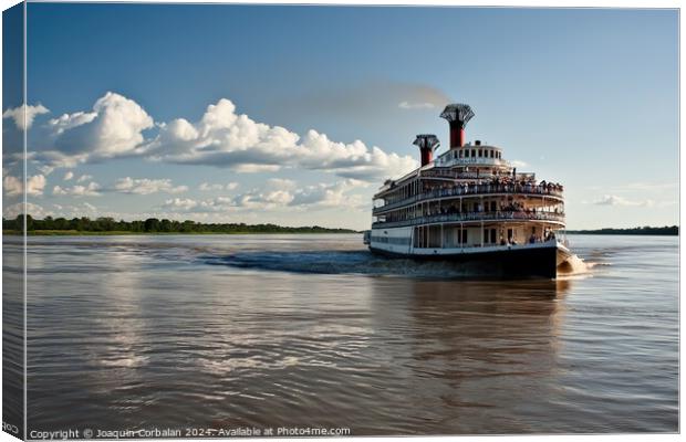 A sizable boat navigates Mississippi down a river  Canvas Print by Joaquin Corbalan