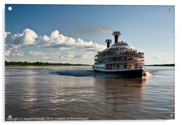 A sizable boat navigates Mississippi down a river  Acrylic by Joaquin Corbalan