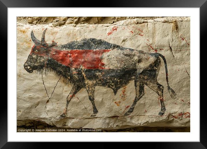 An artistic cave painting of a bull standing proud Framed Mounted Print by Joaquin Corbalan
