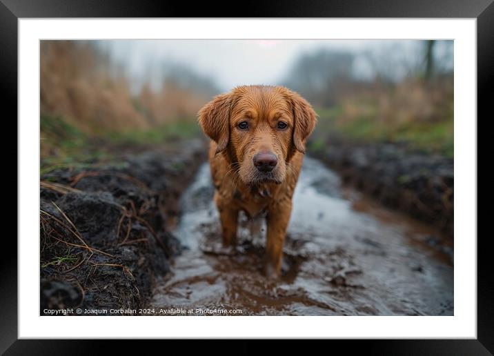 A brown dog standing on top of a muddy road, looki Framed Mounted Print by Joaquin Corbalan