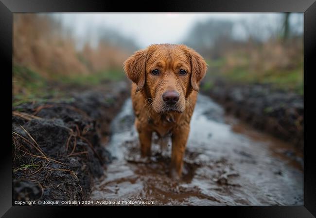 A brown dog standing on top of a muddy road, looki Framed Print by Joaquin Corbalan