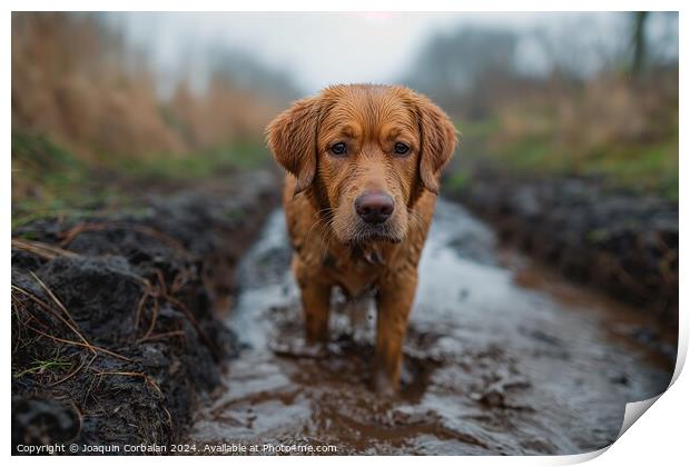 A brown dog standing on top of a muddy road, looki Print by Joaquin Corbalan