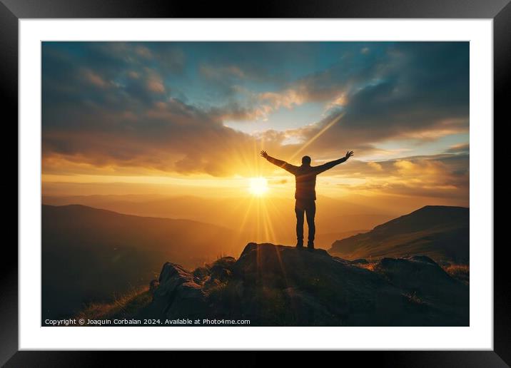 A man extends his arms towards the sun on top of a Framed Mounted Print by Joaquin Corbalan