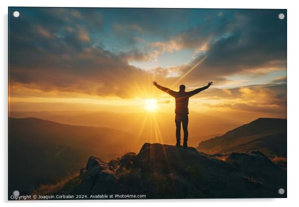 A man extends his arms towards the sun on top of a Acrylic by Joaquin Corbalan