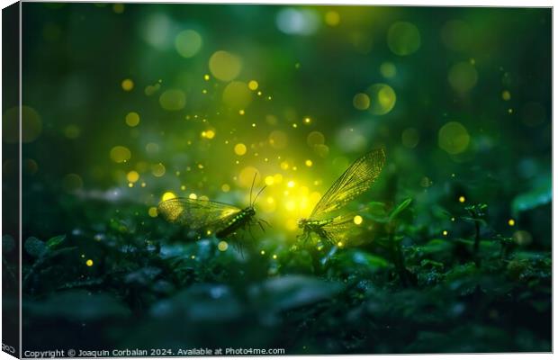 A couple of dragonflies rest on top of a vibrant g Canvas Print by Joaquin Corbalan