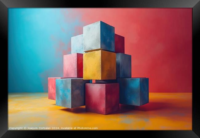 A painting showcasing cubes artfully stacked on to Framed Print by Joaquin Corbalan