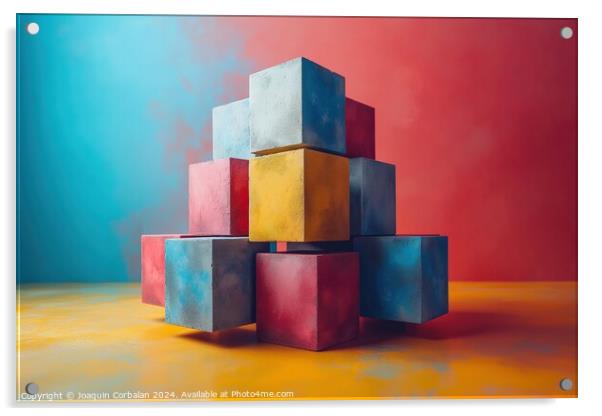 A painting showcasing cubes artfully stacked on to Acrylic by Joaquin Corbalan