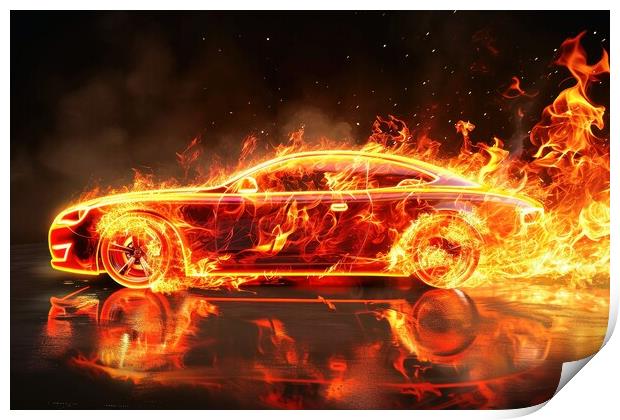 A fast modern car made of fire. Print by Michael Piepgras