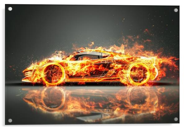 A fast modern car made of fire. Acrylic by Michael Piepgras