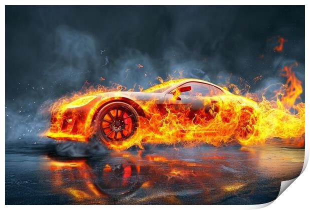 A fast modern car made of fire. Print by Michael Piepgras