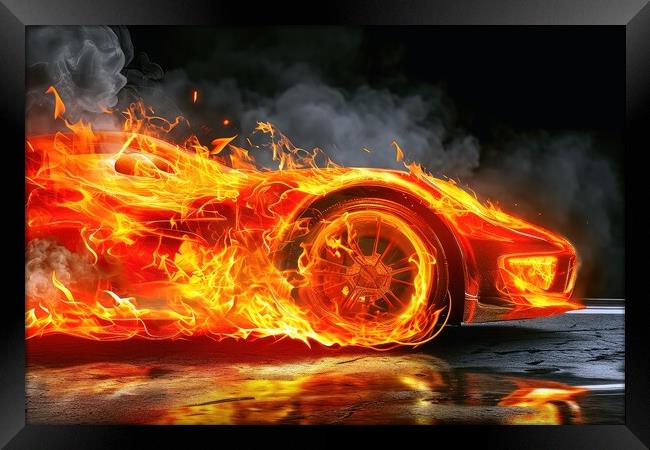 A fast modern car made of fire. Framed Print by Michael Piepgras