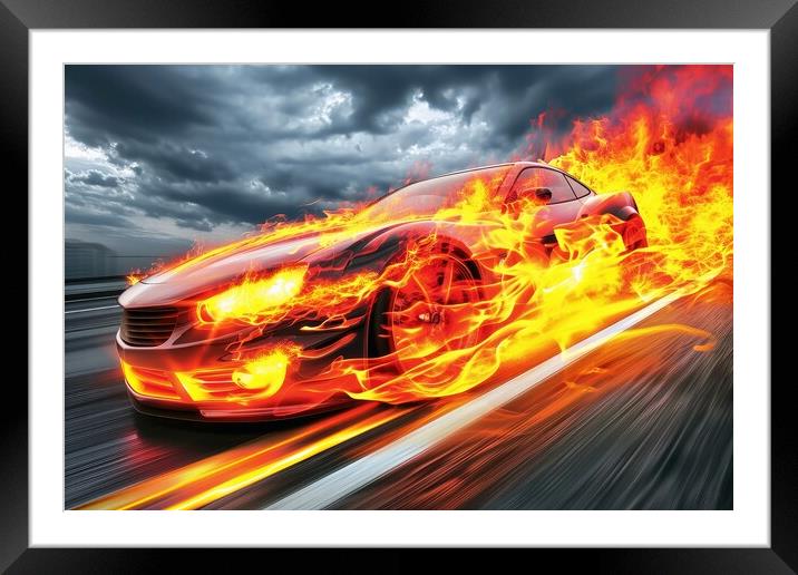 A fast modern car made of fire. Framed Mounted Print by Michael Piepgras
