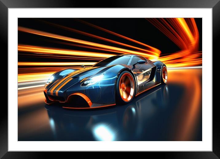 A fast modern hyper car with lightbeams showing the speed. Framed Mounted Print by Michael Piepgras