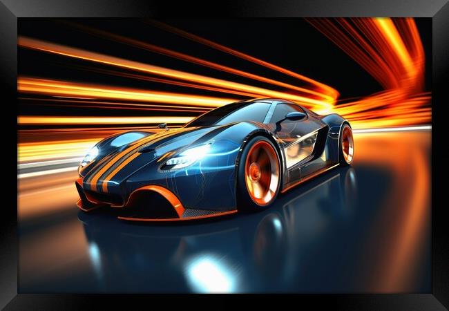 A fast modern hyper car with lightbeams showing the speed. Framed Print by Michael Piepgras