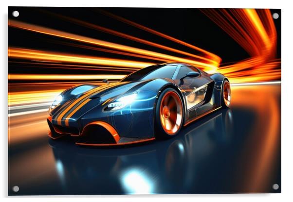 A fast modern hyper car with lightbeams showing the speed. Acrylic by Michael Piepgras