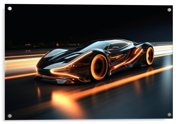 A fast modern hyper car with lightbeams showing the speed. Acrylic by Michael Piepgras