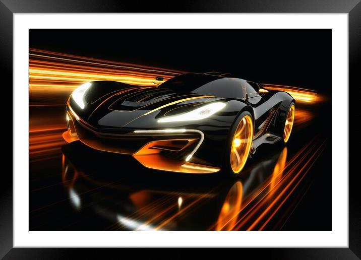 A fast modern hyper car with lightbeams showing the speed. Framed Mounted Print by Michael Piepgras