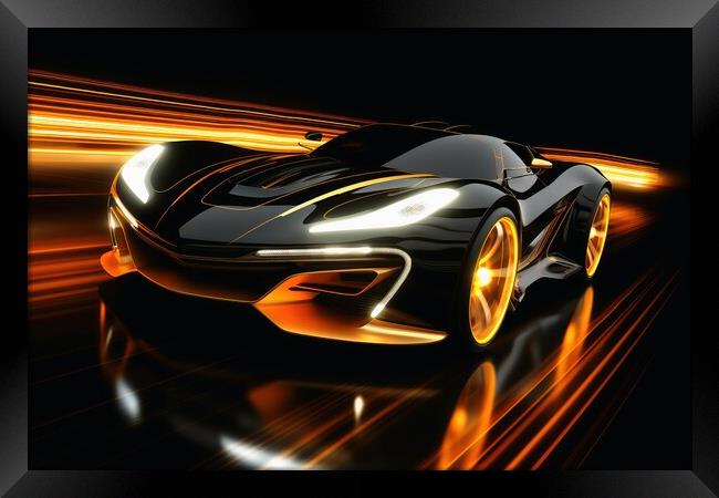 A fast modern hyper car with lightbeams showing the speed. Framed Print by Michael Piepgras