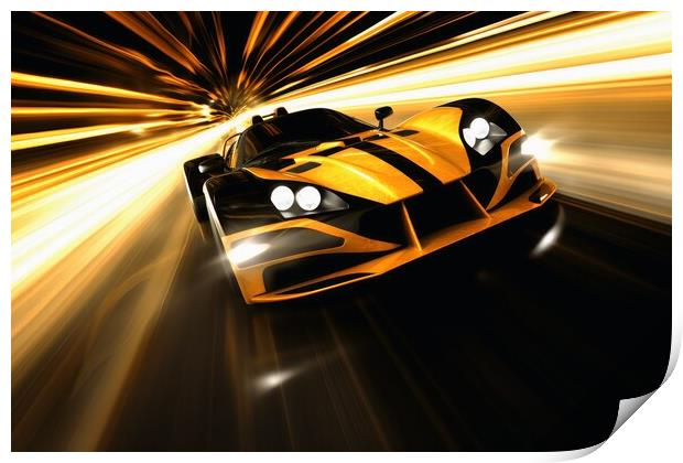 A fast modern hyper car with lightbeams showing the speed. Print by Michael Piepgras